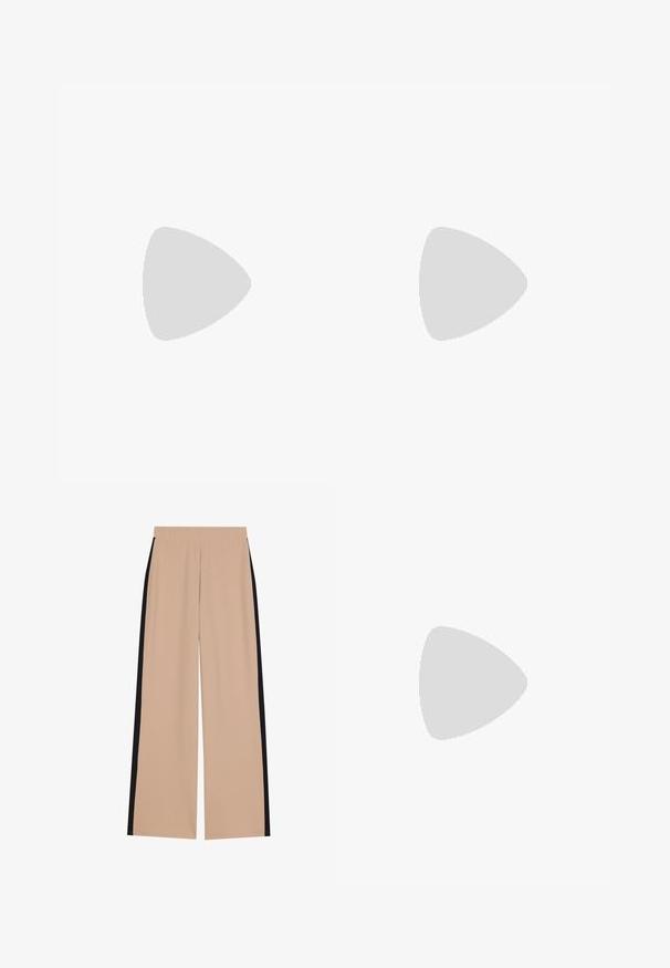 Black tank top featuring a V-neck design, ruffled straps, and a crisscross back. Made from a soft, stretchy fabric.; Beige wide-leg pants with a smooth texture, featuring black side stripes. The waistband is elastic for comfort and easy wear.; Black patent leather slingback heels with a pointed toe, a rounded cutout design, and a block heel. Features a gold-tone buckle accent.; Black handbag with textured surface, dual top handles, and adjustable shoulder strap. Features gold-tone hardware and side pockets.