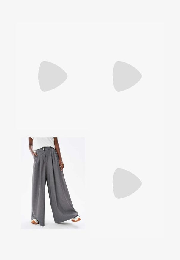 Cream cotton T-shirt, cropped design, wide short sleeves, round neckline, plain with smooth texture, no visible patterns or accents.; Gray wide-leg trousers with a pleated design, fabric texture, two buttons at the waist, and side pockets. Paired with white and orange sneakers.; Black ankle boot made of smooth leather with a pointed toe and a thick, rectangular heel. Features a stitched top edge for added detail.; Zign LEATHER - Handbag - dark red