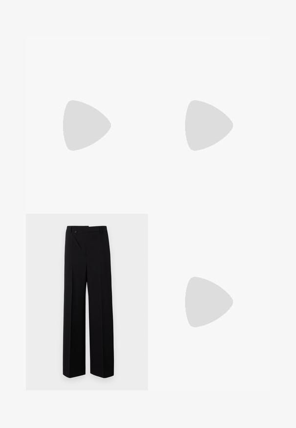 Aszimmetrikus fekete felső, sima bőrpanelekkel és texturált kötött anyaggal, ráncolt részletekkel és patentgombokkal.; Fekete, bő szárú nadrág lapos elülső résszel, gombos záródással és sima anyagtextúrával. Jellemzője egyenes vonalvezetés és éles vonalak.; Fekete bőr bokacsizma hegyes orral, karcsú tűs sarkal és sima textúrával. Minimális dizájn, látható fémrészek vagy díszítések nélkül.; Fekete, puha bőr táska egyedi csavaros dizájnnal. Rövid fogantyúval és levehető vállpánttal rendelkezik. Minimalista stílusú.