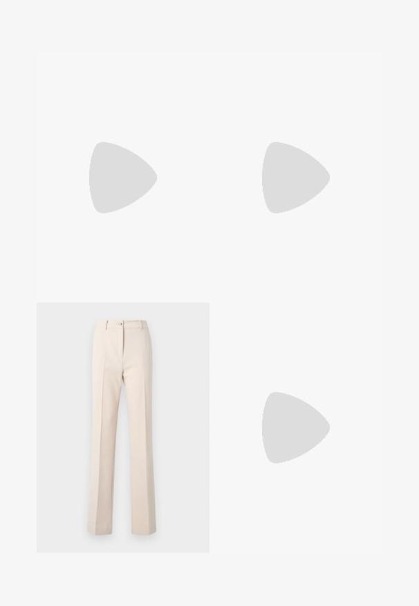 Čierny cyklistický dres s krátkym rukávom a zipsom na prednej strane, vyrobený z priedušného materiálu, s logom GripGrab na hornej ľavej strane.; Béžové nohavice s rovnými nohami, so zapínaním na gombík, prednými skladmi a hladkým povrchom.; Biele vysoké lodičky z hladkého materiálu s špicatou špičkou a členkovým remienkom. Majú svetlohnedý interiér a akcenty v zlatej farbe.; Biely kožený kabelka so štruktúrovaným dizajnom, s magnetickým uzáverom a ramenným popruhom, vystavená na neutrálnom pozadí.