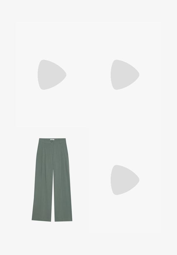 Light green sleeveless top with a cowl neckline, made of textured fabric. Features a fitted shape and smooth hem.; Wide-leg trousers made of a smooth, medium-weight fabric in a muted green color, featuring double pleats and front pockets.; Silver slingback high heel shoe with a pointed toe, metallic finish, two decorative straps, and a slender heel with a black tip.; Set of eight metal earrings in silver and gold tones. Includes various hoop styles, textures, and finishes, arranged by size.