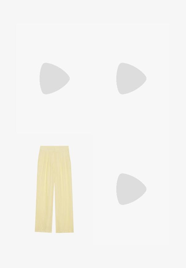 Yellow ribbed tank top with thin straps and a fitted design, featuring subtle texture and a straight hem.; Light yellow wide-leg pants made of a textured fabric, featuring a pleated front and a high elastic waistband.; Pointed toe slingback heel in a smooth, glossy tan material. Features a curved cutout design and a slender stiletto heel. Silver buckle detail.; Brown leather crossbody bag with a curved shape, gold hardware, and a buckle accent. Features a detachable shoulder strap.
