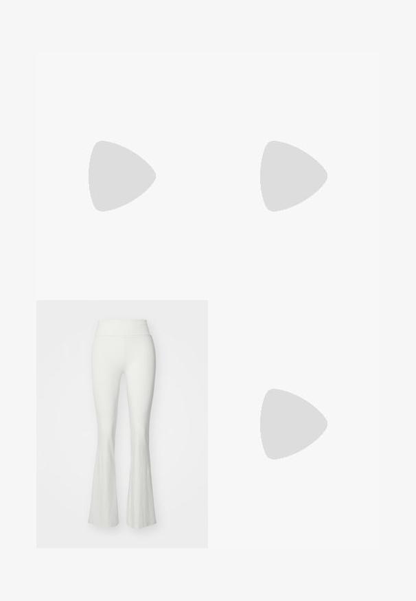 White long-sleeve t-shirt made of cotton, featuring a round neck and a relaxed fit. The design is simple with no visible patterns or accents.; White flared pants with a high waistband, made of a smooth, stretchy material. Features a fitted silhouette that flares out at the lower leg.; Beige suede slide-on clogs with a cork footbed, rounded toe, and a simple strap featuring a gold-tone buckle. Rubber sole for grip.; Sunglasses featuring a sleek black plastic frame and yellow tinted lenses, with a distinct angular shape and wide temples for added coverage.