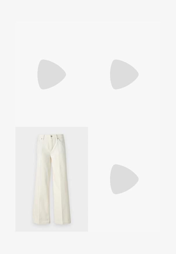 White cotton T-shirt with short sleeves, featuring a navy blue graphic text that includes "GANT," "EST. 1949," and "NEW HAVEN."; Wide-leg white jeans made from cotton blend fabric. Features a zipper fly, five-pocket design, and stitching along the seams.; Black leather sneaker with a smooth texture, white rubber sole, gold accents on the heel and eyelets, featuring a logo on the side.; Black leather shoulder bag with a smooth texture, curved silhouette, and a gold hardware accent. Features embossed brand logo at the base.