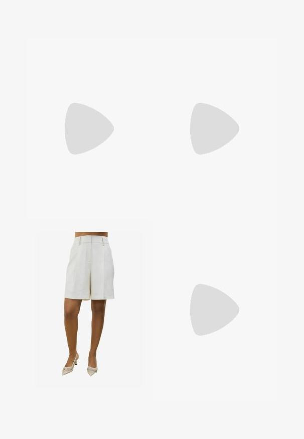 Utan axelremmar topp i elfenbenssatäng, med rynkad textur och slät finish, med en bred, strukturerad silhuett.; Beiga linshorts med skräddarsydd design, med två framfickor och sidofickor. I kombination med spetsiga, randiga högklackade skor.; Burgunderfärgade läderloafers med en slät yta, ett upphöjt sömdetalj och en gummisul. Designad med en rund tå och minimal metalldetalj.; Plastiksolglasögon med sköldpaddsrand, rektangulära grå linser och smala skalmar. Har en minimalistisk design med en bro med utskärning.; Brun läder tote-väska med rundad form, slät textur och dubbla axelremmar. Har ett guldfärgat detaljer i mitten.; Guldtonad metallarmband med en vågig design, som har släta ytor och en glänsande, reflekterande textur. Inga synliga mönster eller detaljer.