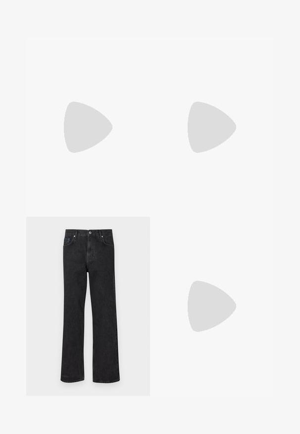 Black cotton t-shirt with blue graphic prints, including a logo and rectangular label, featuring short sleeves and a relaxed fit.; Black denim jeans with a straight leg design, featuring five pockets, a button closure, and light distressing. Classic stitching details.; White sneaker made of smooth leather with embossed pattern. Features round toe, lace-up front, and textured sole. Silver logo detail on side.; Black crossbody bag made of durable fabric, featuring a single adjustable strap, a zippered main compartment, and a front pocket.