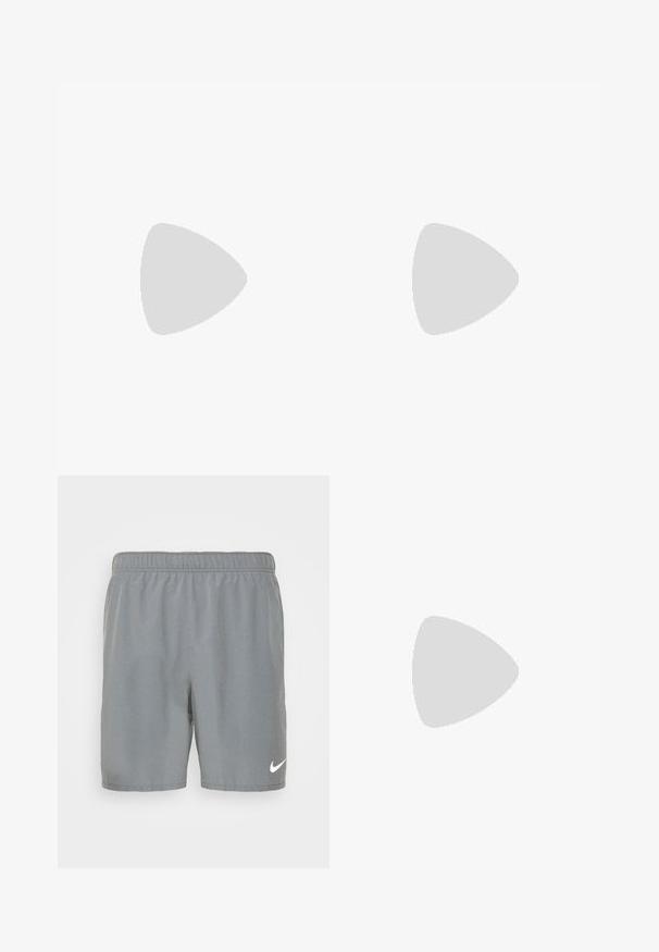 Lichtblauwe mouwloze tanktop van ademend materiaal, met een ronde hals en een klein wit Nike-logo op de borst.; Grijze sportshorts van gladde stof, met een elastische tailleband en een wit Nike-logo op de onderzijde van de rechter voorkant.; Witte sportieve schoen met een mesh bovenwerk, gladde textuur overlays, grijze accenten, veters en een gevoerde zool ontworpen voor prestaties.; Zonnebril met een wit frame, grijze accenten en blauwe spiegelglazen. Sportief ontwerp, omhulde vorm en verstelbare neuspads.