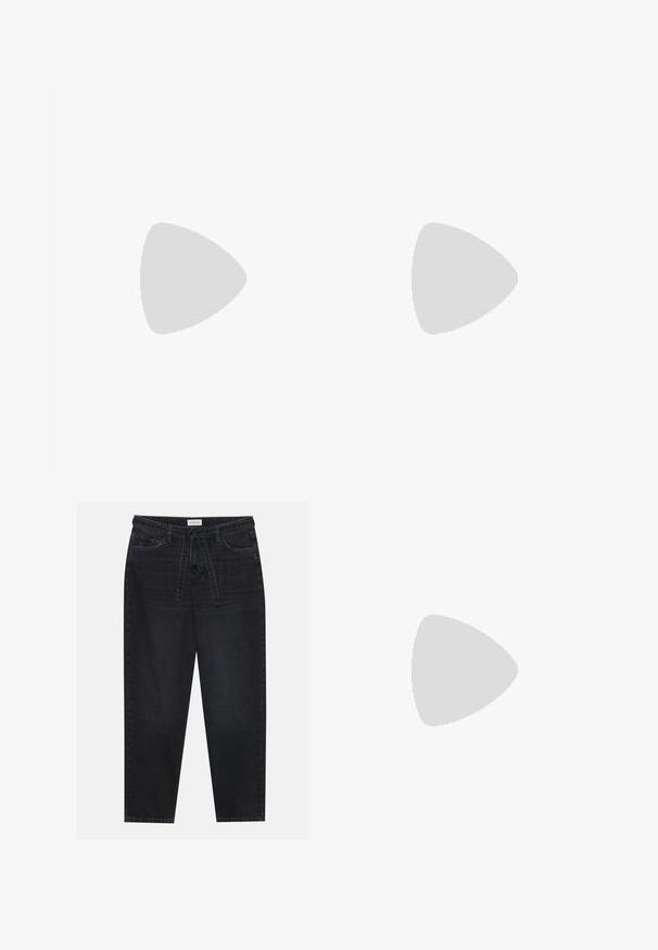 Light blue long-sleeve top with a ribbed texture, V-neckline, and scalloped lace trim around the neckline and sleeves.; Black denim pants with a relaxed fit, featuring a drawstring waist and five pockets. Smooth texture with minimal fading and contrast stitching.; Strappy high-heeled sandal in white leather with a sleek design, a transparent block heel, and a decorative element at the toe.; ONLY ONLFLORENCE CROSSBODY BAG - Cross body bag - blue denim/gold