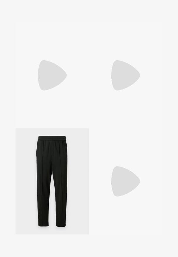 Polo bleu marine en coton, avec un col classique, des manches courtes et un ourlet droit, au design minimaliste.; Pantalons noirs en tissu lisse ; dotés d'une taille élastique, de poches latérales et d'un design de jambe fuselée. Minimaliste et de couleur unie.; Baskets en cuir blanc avec une finition lisse, bout arrondi, lacets plats et semelle texturée. Présente un logo discret sur le talon.; Lunettes de soleil noires rondes avec verres sombres et branches en métal fines. Comprend des embouts transparents et des accents argentés au niveau de la charnière. Design minimaliste.