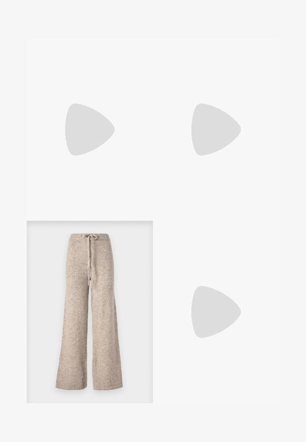 Cream-colored sweatshirt with a round neckline, ribbed hem, and balloon sleeves. Made from a smooth, lightweight fabric.; Beige wide-leg pants made from textured knit fabric, featuring a drawstring waist and a relaxed fit.; Black and white zebra-print clogs with a synthetic upper, adjustable buckle strap, and a rubber sole with yellow stitching.; Black fabric bag with a textured, quilted pattern. Rounded shape, short, thick handles, and a soft, flexible structure.