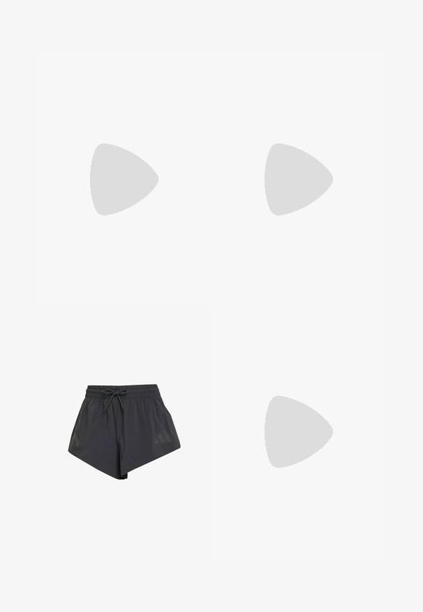 Bílý sportovní crop top vyrobený z hladkého materiálu, s kulatým výstřihem, bez rukávů a s malým černým logem v dolním rohu.; Černé sportovní šortky s pevně stahovací šňůrkou v pase, s hladkou texturou a nenápadným logem umístěným na dolní levé straně.; Černá atletická bota s síťovaným svrškem, bílými akcenty a silnou bílou mezipodešví. Obsahuje šňůrky a má nízký profil.; Černá sportovní taška s bílým logem Adidas, vyrobená z odolné tkaniny. Obsahuje dvě uchy a zipovou příčku. Texturovaný povrch s zesíleným dnem.