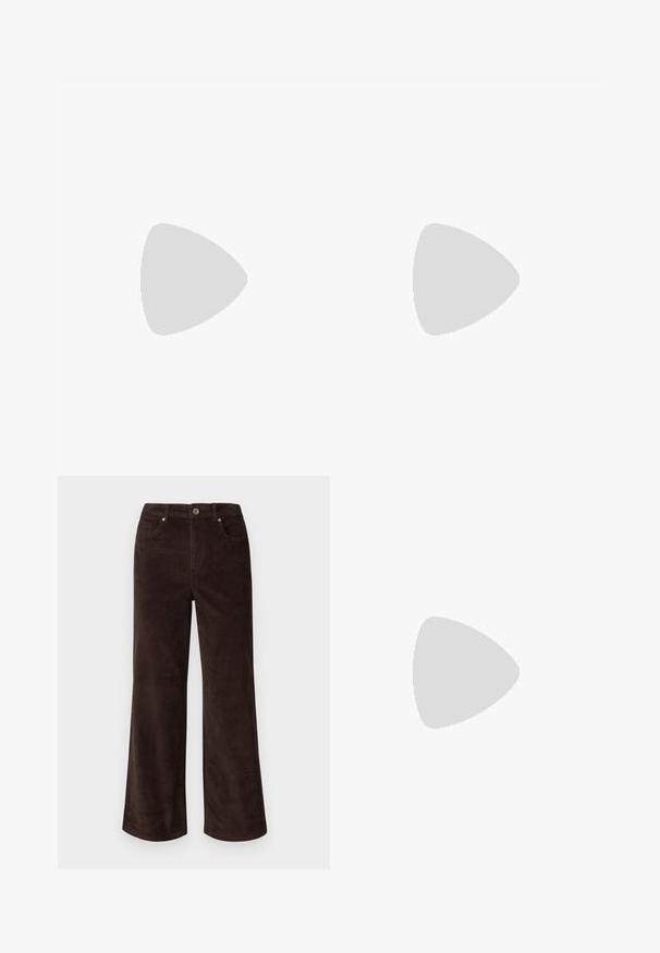 Strap top featuring a V-neckline, with textured chevron stripes in shades of pink, beige, and brown. Adjustable straps included.; Vero Moda Petite VMTESSA PANTS - Trousers - chocolate torte; White sneaker with red suede stripes, blue suede heel accent, and a textured brown rubber sole. Features lace-up closure and logo.; Gold hoop earrings with a smooth, shiny finish. Circular design featuring a small post and clear backing for secure wear.