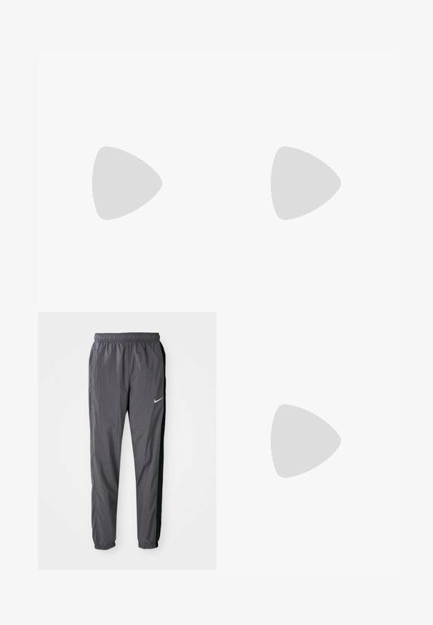 Top w kolorach brązowym i beżowym z gradientowym wzorem. Wykonany z materiałów syntetycznych, posiada okrągły dekolt i logo marki z przodu.; Spodnie dresowe Nike, wykonane z lekkiego materiału, w ciemnoszarym kolorze z czarnymi panelami bocznymi. Posiadają elastyczny pas i odblaskowe logo.; Białe buty sportowe z siatkowym wierzchem, szarymi akcentami, teksturowaną gumową podeszwą i pętlami na pięcie; posiadają system sznurowania.; Czarna torba na kosmetyki Nike o gładkiej fakturze, z białym logo w kształcie łuku, z zamknięciem na zamek u góry oraz boczną kieszenią.
