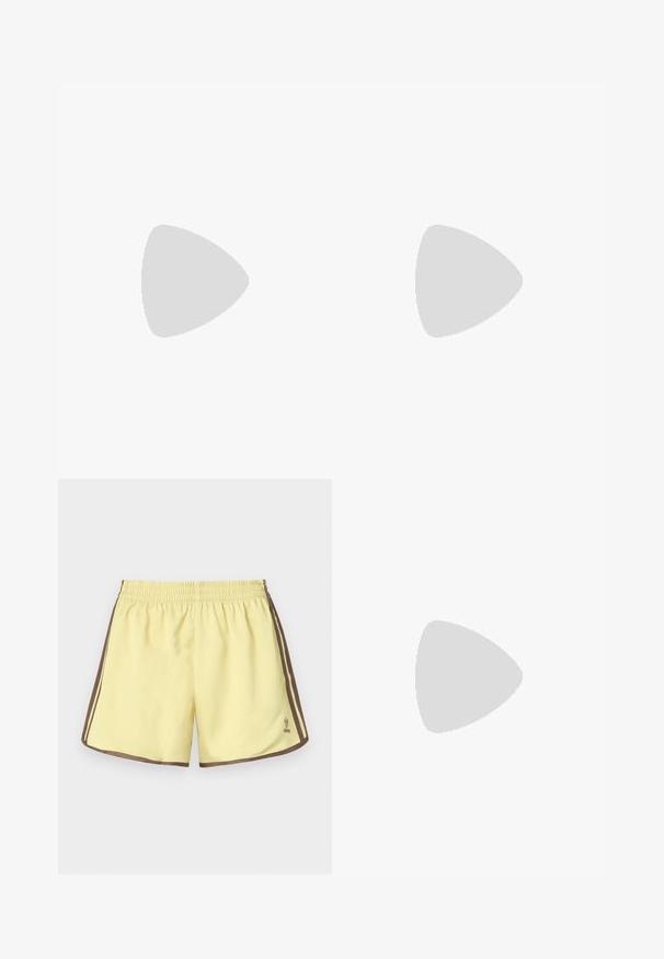 Light purple ribbed sports bra with a scoop neck and racerback design, featuring a small heart logo in the lower corner.; Yellow athletic shorts with brown side stripes. Features an elastic waistband and Adidas logo on the lower left. Smooth polyester material.; Black leather knee-high boots with a wide shaft, strap detailing, silver hardware, and a flat sole. Smooth texture with a slight sheen.; Black oversized sunglasses with oval lenses, smooth plastic frame, and gold accents on temple. Dark lenses provide sun protection.