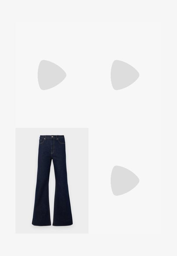 Schwarzes kurzgeschnittenes T-Shirt mit kurzen Ärmeln, das mit einer dekorativen Bordüre aus goldenen und silbernen Münzen sowie Fransen am Saum versehen ist.; Dunkelblaue ausgestellte Jeans aus Denim mit hoher Taille, frontalen Taschen und goldenen Nähakzenten. Glatte Textur mit traditionellem Schnitt.; Schwarze Stiefeletten aus glattem Leder mit seitlichem Reißverschluss, klobigem strukturiertem Absatz und runder Zehenform.; Schwarze Laptoptasche aus Leder mit glatter Textur, rechteckiger Form und zwei langen Griffen. Keine sichtbaren Beschläge oder Verzierungen.