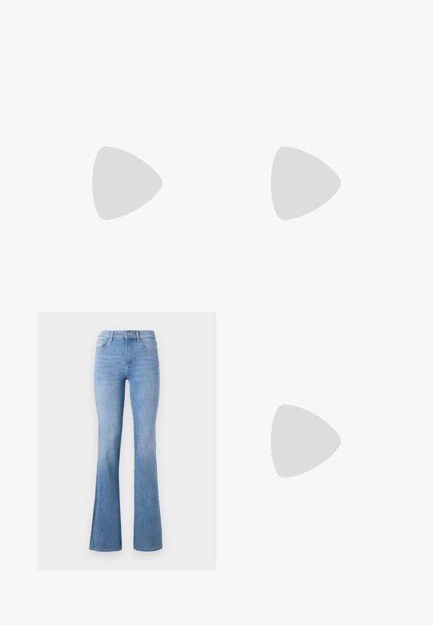 Camisola de alças verde claro com renda ao longo do decote e dos ombros. Tecido suave e liso com um design ajustado e forma em V.; Jenas azul claro em corte flare com cintura média, design clássico de cinco bolsos e desbotamento suave ao longo das pernas. Textura de tecido de denim.; Sapatilha de couro branca com biqueira perfurada, sola texturizada e atacadores brancos, combinada com calças largas vermelhas e um fundo azul e amarelo.; Bolsa de mão em couro vermelho com um design angular e geométrico. Apresenta uma única alça ajustável e um fecho com aba, com detalhes cosidos.