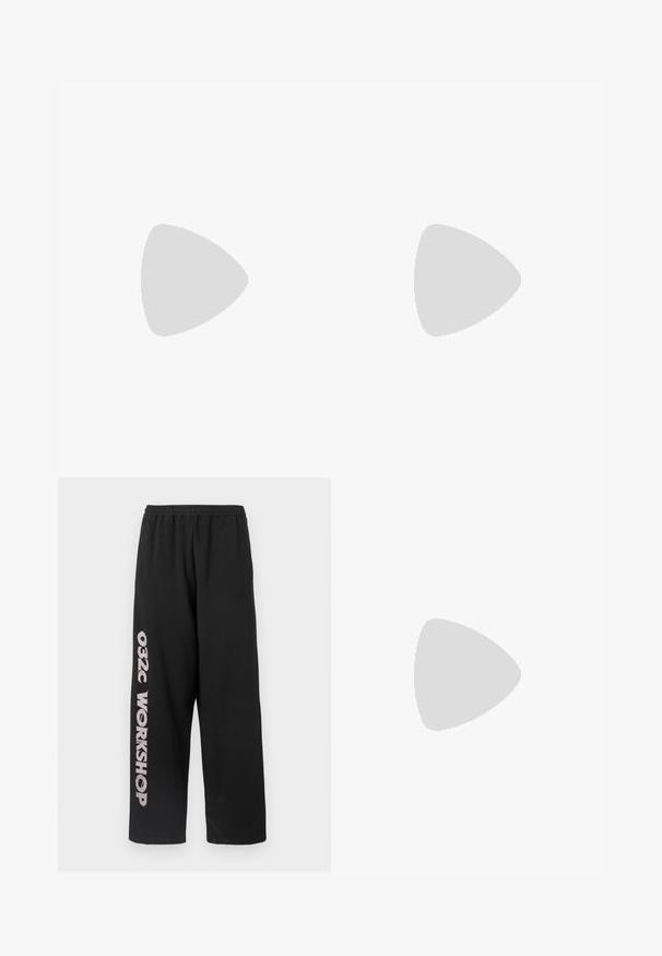 Black cotton t-shirt featuring short sleeves, a crew neck, and a rectangular pink "FORMER" logo on the front.; Black sweatpants with an elastic waistband, featuring "032C WORKSHOP" in light grey print on the left leg and a relaxed fit.; Tan suede ankle boot with black padded collar, gold metal eyelets, white stitching detailing, and rugged rubber sole with pronounced treads.; Black plastic sports sunglasses with gray lenses, aerodynamic design, curved shape, and textured arms for enhanced grip.