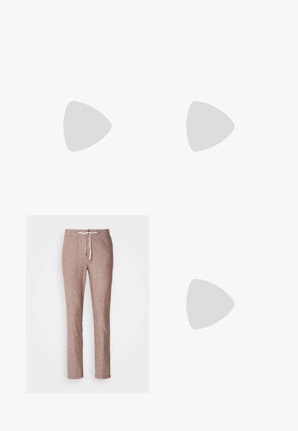 Long-sleeve white thermal top with ribbed texture, featuring a small beige logo patch on the chest and fitted cuffs.; Light brown linen pants with a drawstring waist, straight leg design, and a slightly textured surface. No additional pockets or embellishments.; Black leather lace-up shoe with a rounded toe, smooth texture, minimal stitching, and a low rubber heel. Logo on the heel.; Black duffel bag made of textured synthetic material. Features two handles and an adjustable shoulder strap. Simple design with no visible patterns.