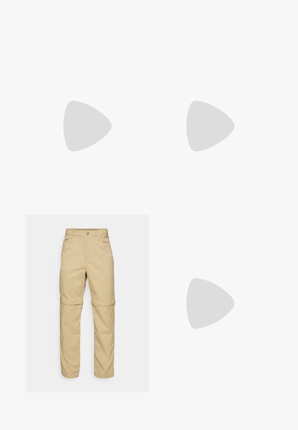 Fehér, rövid ujjú póló, amelyen fekete logó található a bal felső mellen, és kék dizájnelem a szegély közelében. Puha, könnyű anyag.; Beige, zipzáras nadrág sima textúrával, két oldalsó zsebbel, gombos záródással és felgöngyölhető nadrágszárral a sokoldalúság érdekében.; Olívazöld és fekete túrabakancs rózsaszín részletekkel. Jellemzői közé tartozik a texturált felsőrész, a rugalmas talp, a megerősített orr- és a színes fűzőrendszer.; Fehér napszemüveg barna lencsékkel, ovális forma, sima műanyagból készült, szürke díszítéssel a szárakon és logóval a kereten.