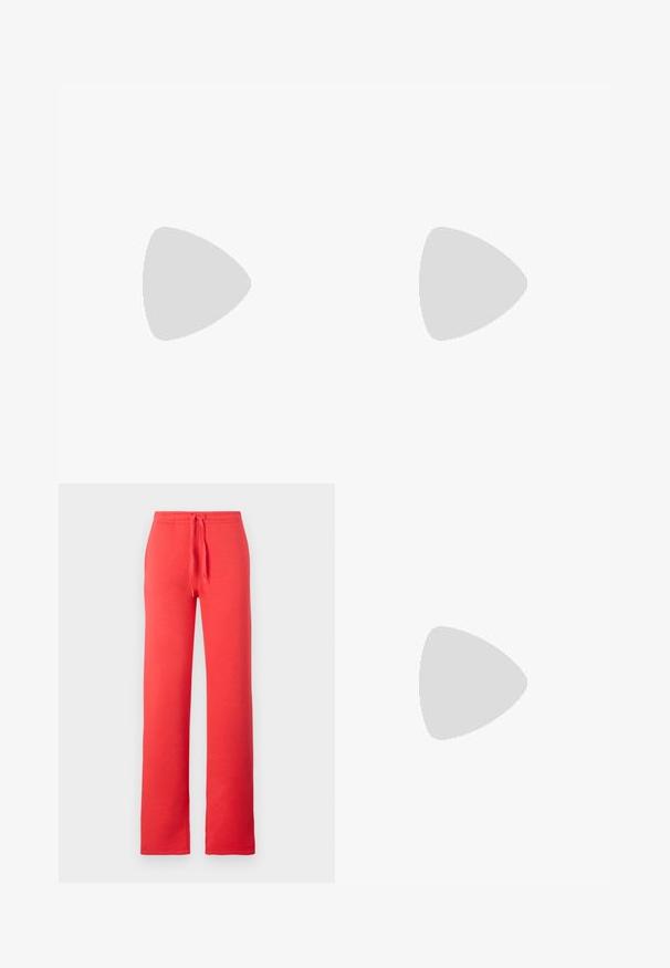 Two ribbed tank tops: one burgundy and one black. Both feature a high neckline with a fitted form and smooth texture.; Red sweatpants made of soft fabric, featuring a drawstring waistband, straight legs, and no pockets or additional patterns.; White platform shoes with an open toe and slingback strap. Made of textured material, featuring a thick sole with traction patterns.; Red leather handbag with an angular, geometric design. Features a single adjustable strap and a flap closure with stitched detailing.
