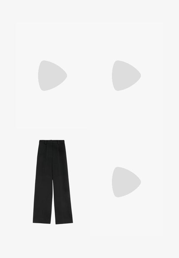 Zwarte T-shirt met korte mouwen, gemaakt van zachte katoen. Klassiek ontwerp met ronde hals en een eenvoudige, ongecompliceerde uitstraling met een comfortabele pasvorm.; Zwarte wijde broek met hoge taille, voorzien van twee plooien aan de voorkant, riemlussen en een gladde textuur. Geen zakken of zichtbare hardware.; Zign Laarzen - black; Zwarte ovale zonnebril met donkere glazen en een glanzend kunststof frame. Heeft een gouden logo op de poot, dat een strakke en moderne uitstraling biedt.; Zwarte leren schoudertas met een gladde textuur, voorzien van een dunne, lange schouderband en een subtiele stiknaad in het midden.