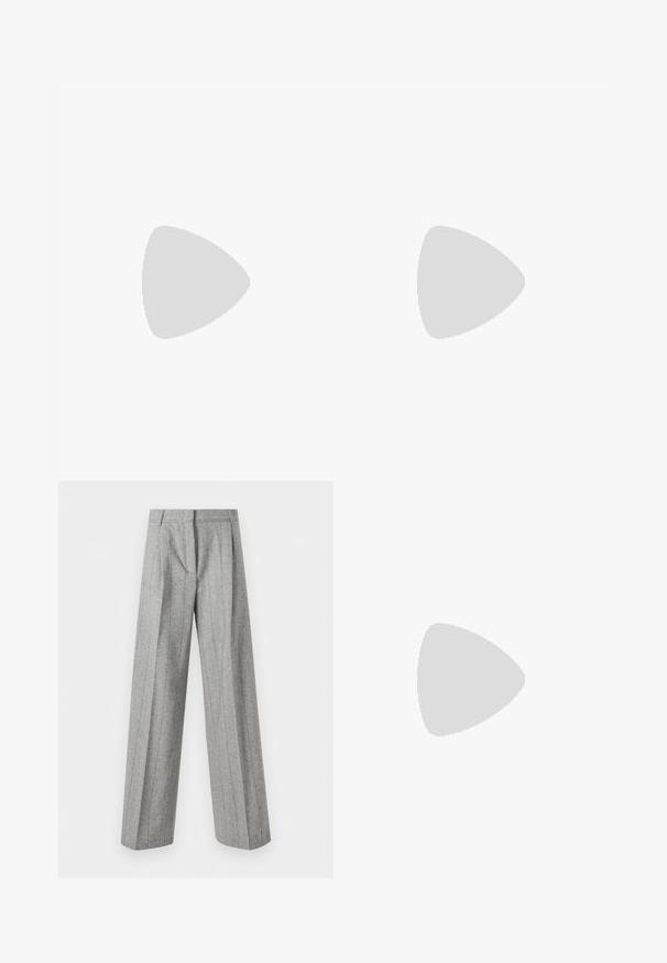 Melna īsā T-kreklu ar apaļu kaklu. Iezīmējas ar mīkstu audumu, kas satur satīna paneļus uz pleciem un stringu detaļām pie piedurknēm.; Augsta josta pelēki bikses ar vertikālām svītrām un plašām taisnām kājām, izliktas uz balta fona.; Paul Smith TOPANGA - Balerīnas laiviņas - black; Olīvzaļš zamšs tīkams soma ar ģeometrisku vīles rakstu, pelēkiem ādas rokturiem un zelta logo apakšā. Mīksta tekstūra, plaša konstrukcija.