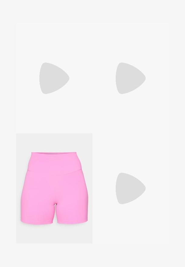 Bílé sportovní tílko bez rukávů vyrobené z hladkého materiálu, s kulatým výstřihem a malým černým logem Nike na hrudi.; Růžové šortky s vysokým pasem vyrobené z pružného materiálu, s hladkou texturou a krátkou délkou nohavic, s plochými švy pro pohodlí.; Běžecká obuv s lehkým krémovým svrškem, modrým logem a oranžovými detaily na podešvi. Síťovina pro prodyšnost.; Sluneční brýle s bílým rámem a velkými gradientovými skly, která mají přechod od růžové k světlé oranžové barvě, doplněné modrým nosníkem a detailem loga.