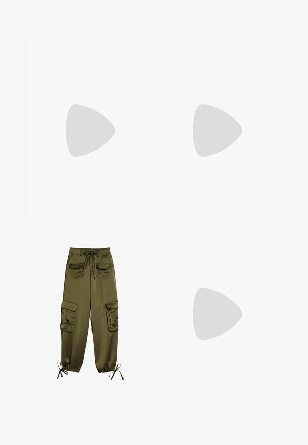 Long-sleeve white T-shirt in ribbed fabric. Features black “032c WORKSHOP” text across the chest and a subtle logo near the hem.; Olive green cargo pants made of smooth fabric, featuring two front pockets, adjustable waist tie, and elastic cuffs with ties at the ankles.; Running shoe with a mesh upper in white and gray, accented by black details and blue stripes. Thick sole with rubber traction. Lightweight design.; Black rectangular sunglasses with dark lenses, glossy finish, wide arms, and a chunky frame design. Engraved brand name on one arm.