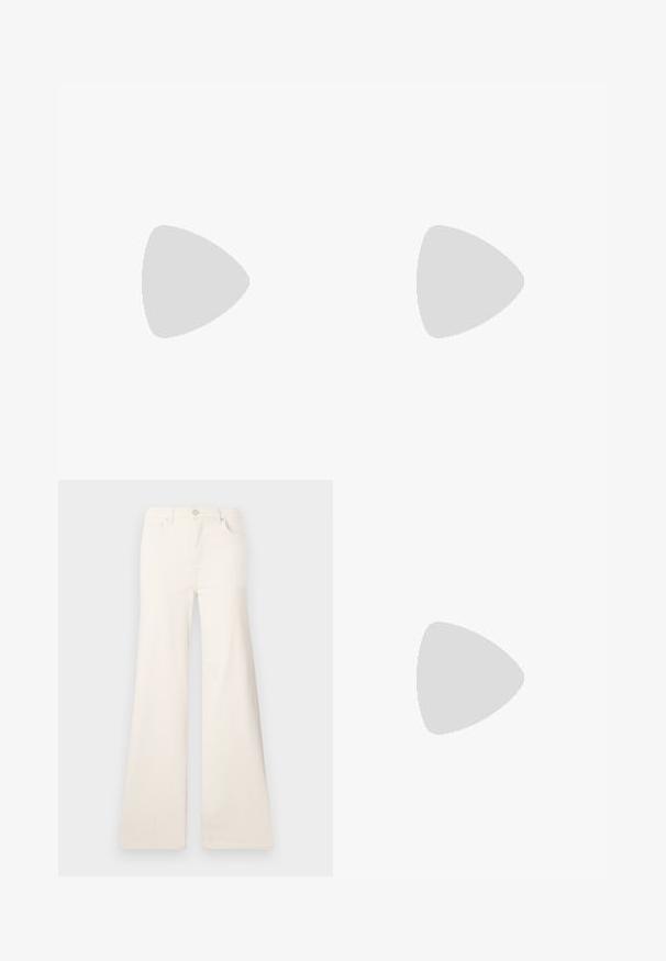 Weißes T-Shirt mit kurzen Ärmeln, das ein farbenfrohes abstraktes Grafikdesign in Pink, Grün, Blau und Gelb zeigt, mit schwarzem Text am unteren Rand.; ONLY ONLMADISON WIDE - Wide Leg - ecru; Weiße High-Heel-Sandale mit einem klobigen Absatz, die über ein Riemchendesign und ein Knöchelband verfügt. Glatte Textur mit einer Plattform vorne für zusätzliche Höhe.; Weiße synthetische Handtasche in dreieckiger Form, flache Vorderklappe und Schleifendetail, verstellbarer Trageriemen, glatte Textur und minimalistisches Design.