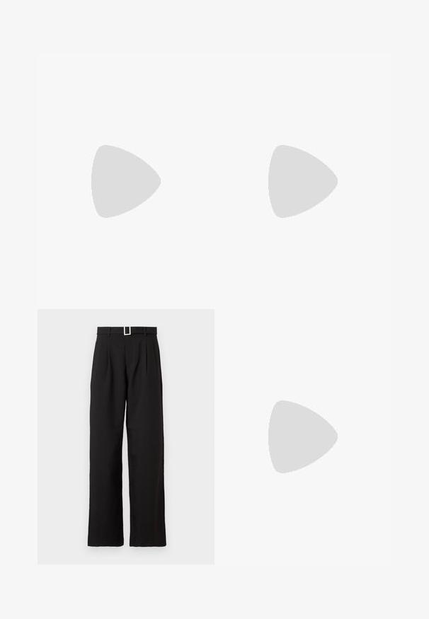 Baltas kokvilnas T-krekls ar īsām piedurknēm. Tam ir "LOVE" teksts melnā krāsā ar dzīvnieku rakstu un sarkana lūpu nospiedums kreisajā pusē.; Melnas augsta vidukļa platleges bikses ar jostu cilpiņām un sudraba taisnstūra sprādzi uz baltā fona.; Augstas melnas ādas zābakus ar masīvu platformu un bloka papēdi, ar vilkšanas cilpu un strukturētu profilu uz ārējā zoles.; Melnas ādas rokassoma ar izliekta formu, noņemamu siksnu un zelta aksesuāriem. Somai ir vāciņš ar sprādzes detaļu.