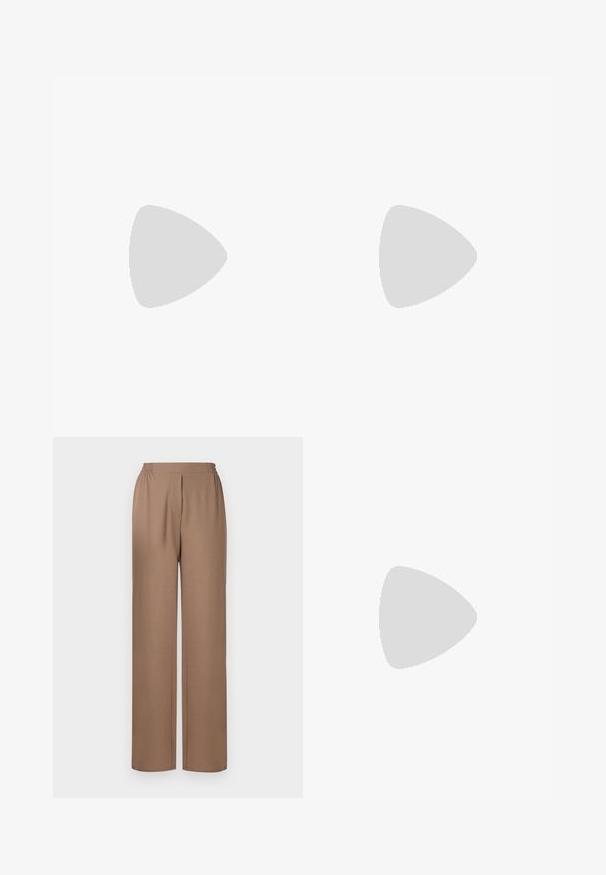 Top sem mangas canelado de cor creme com um decote redondo, apresentando pequenas pérolas decorativas por toda a parte e uma borda do colarinho em contas.; Calças largas castanhas com um cós elástico, feitas de um tecido suave. Apresentam um corte descontraído e uma bainha reta para conforto.; Sapato de salto alto em couro envernizado preto com bico apontado, tira no tornozelo e padrão texturizado de crocodilo. Design de salto quadrado.; Bolsa de couro preta com forma curva, alça destacável e detalhes em dourado. A bolsa possui uma aba com detalhe de fivela.