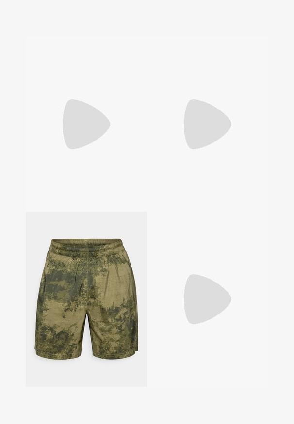 Zwart mouwloos sporttop met "HYROX" in witte letters op de borst. Glad materiaal, ronde halslijn en normale pasvorm.; Camouflage shorts in verschillende tinten groen, gemaakt van lichtgewicht stof met een elastische tailleband en een relaxte pasvorm.; Zilveren sportschoen van mesh-materiaal, met zwarte accenten, geperforeerd ontwerp en een gewatteerde witte zool. Bevat een prominent 'N' logo.; Zwarte weekendtas gemaakt van duurzaam textiel, met dubbele ritscompartimenten, gewatteerde handgrepen en een wit Puma-logo aan de zijkant.