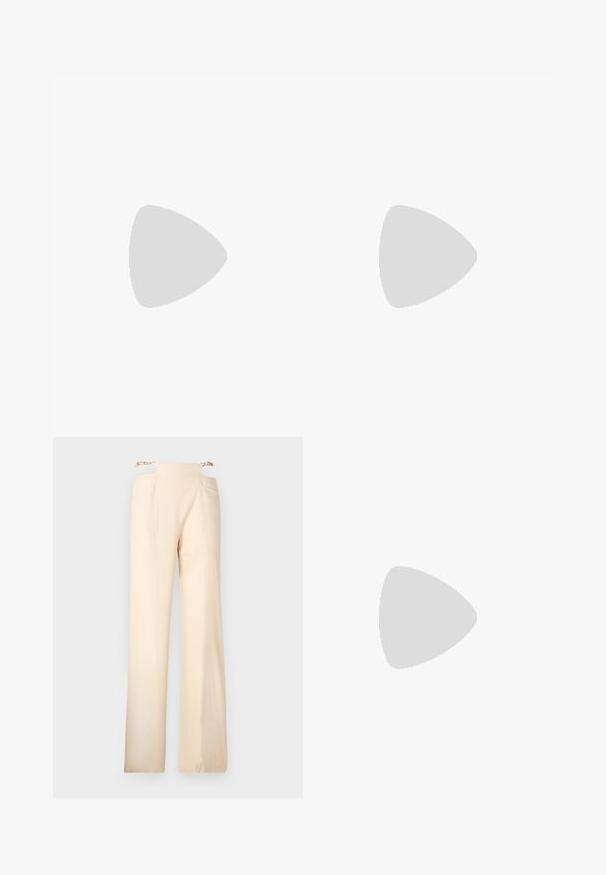 Knit sleeveless vest in cream with a V-neck, featuring diagonal texture, two front pockets with gold buttons, and knitted trim details.; Wide-leg trousers in cream fabric with a smooth texture, featuring a high waist and gold chain accents at the waistband.; Black leather slingback shoe with a pointed toe, decorative straps featuring metal eyelets, and a low block heel. Textured surface.; Black woven purse with a unique crescent shape, featuring a round handle and subtle logo detail at the front. Textured surface throughout.