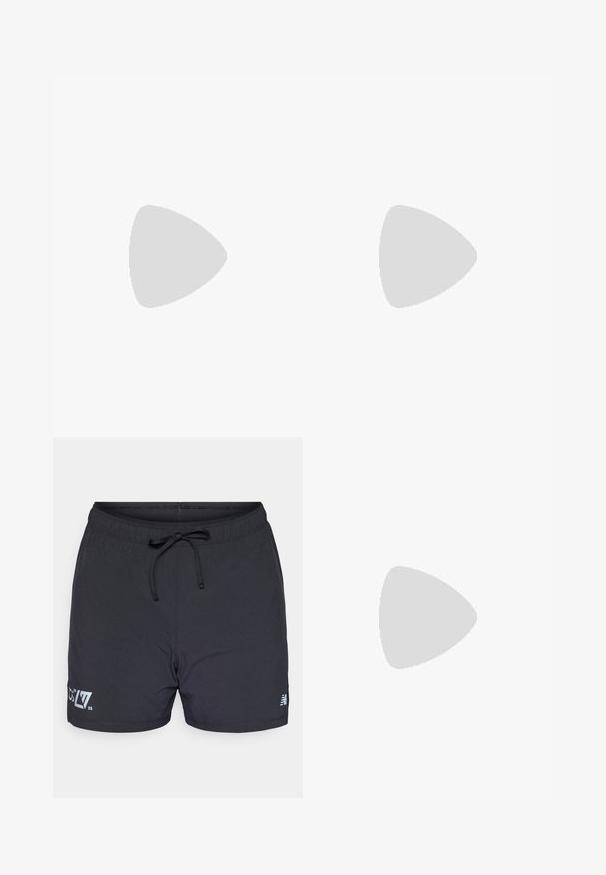 Light blue short-sleeve t-shirt made of soft fabric, featuring a dark blue logo on the chest and embroidered details.; Black swim shorts made of lightweight fabric, featuring an elastic waistband with a drawstring, and subtle textured pattern. Logo accents on front.; Light blue running shoe with black logo, thick white sole, and black inner lining, viewed from the side on a white background.; Sport sunglasses with a transparent pink lens. Features dark blue and light gray frames. Adjustable nose pads enhance comfort.