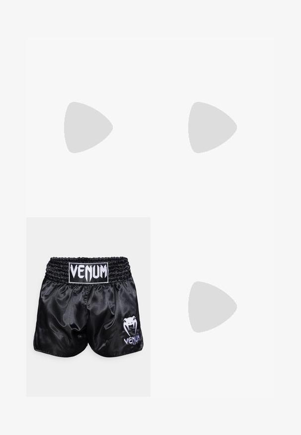 Tricou sportiv scurt cu maneci negre, fabricat dintr-un material ușor. Are guler rotund și logo-ul imprimat "HYROX" cu emblema Puma pe față.; Pantaloni scurți de box din satin negru, cu un tiv elastic; prezintă un logo alb și un design cu șarpe pe piciorul stâng. Textură netedă.; Pantofă sport de tip high-top cu un exterior din plasă neagră și accente bej. Talpă din cauciuc texturat și detaliu logo pe lateral.; Mănuși de box negre cu o textură netedă, având un logo alb Venom și o curea ajustabilă cu velcro pentru o fixare sigură.