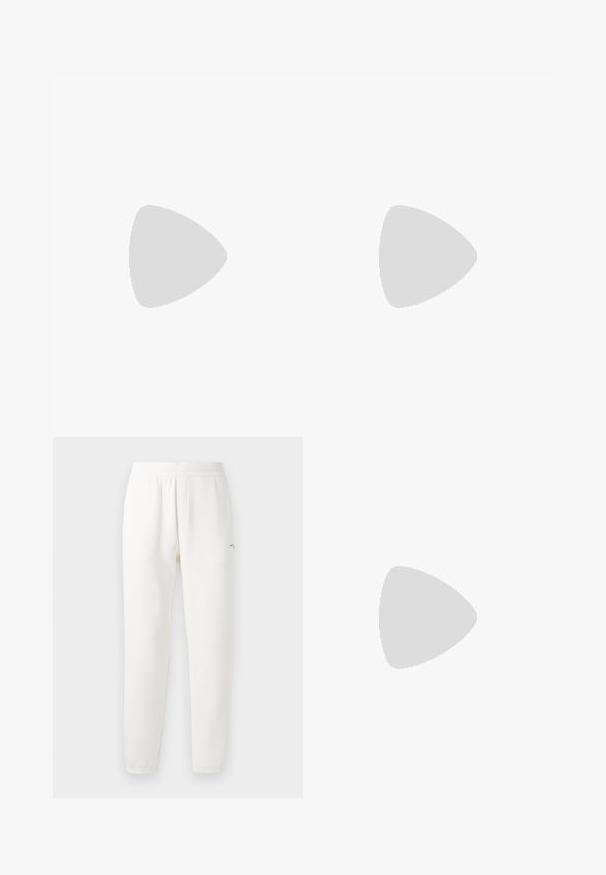 T-shirt marron à manches courtes avec un motif de logo MK en répétition, col rond et texture de tissu douce.; Pantalons de survêtement blancs en tissu doux, avec une ceinture élastique, des jambes fuselées et un petit logo sur le côté gauche.; Baskets en cuir blanc avec une finition lisse, bout arrondi, lacets plats et semelle texturée. Présente un logo discret sur le talon.; Lunettes de soleil noires rondes avec verres sombres et branches en métal fines. Comprend des embouts transparents et des accents argentés au niveau de la charnière. Design minimaliste.