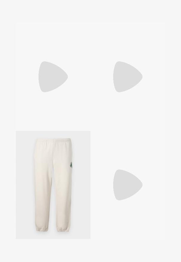White cotton t-shirt with two horizontal beige stripes, small embroidered logo on the chest, and a crew neckline. Short sleeves.; Light beige sweatpants made of cotton, featuring an elastic waistband, ribbed cuffs, and a green logo with leaf design on the left leg.; Lacoste sneakers in dark gray with mesh and synthetic material, featuring a textured sole and brown accents on the collar and branding.; Fanny pack in dark blue tie-dye print with a zippered top, textured material, and a prominent logo detail on the front.