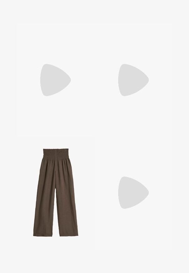 Strapless top in ivory satin fabric, featuring ruched texture and smooth finish, with a wide, structured silhouette.; Brown linen pants with a smocked waistband. Wide-leg design, lightweight texture, and subtle draping. No visible patterns or hardware.; Beige flip-flop with a braided jute sole and metallic gold straps featuring a glittery accent along the top edge.; Gold and silver drop earrings with a curved, elongated shape. Glossy finish with a smooth texture and minimalist design.
