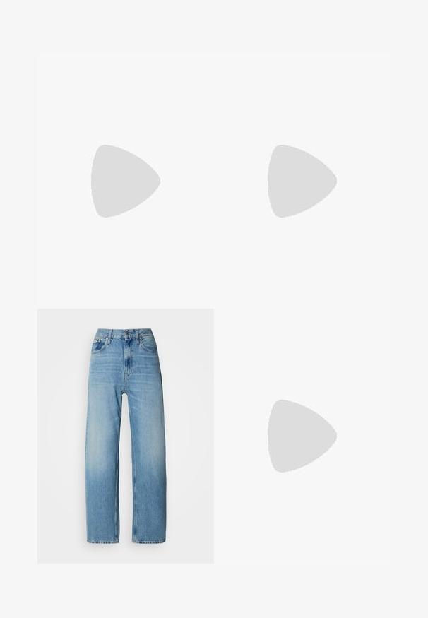 Tricou din bumbac de culoare bleumarin, cu mâneci scurte, având un mic logo alb "Calvin Klein" în partea din față, la centru. Gât rotund, croi lejer.; Jeans de culoare bleu deschis, cu talie înaltă și croială dreaptă. Fabricate din denim, au cinci buzunare, închidere cu nasture și ușoară decolorare.; Pantofii plata din piele neagră, cu vârf ascuțit, curea ajustabilă și toc mic. Textură netedă și design minimalist, potriviți pentru diverse ținute.; Cercei din aur în formă de cerc, cu un design neted și rotunjit și o finisare strălucitoare, având un sistem de închidere pentru securizare. Gravati cu "DKNY."