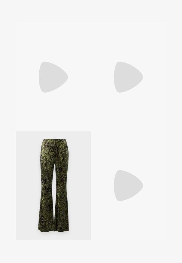 Top senza maniche in crema con stampa floreale, caratterizzato da colori vivaci, rifiniture nere e una texture morbida. Il design include motivi di fiori assortiti e astratti.; Diane von Furstenberg RUTHETTE PANTS - Pantaloni - green; Pantofole da balletto nere in pelle con punta arrotondata, texture liscia, dettagli di cucitura minimi e design con suola flessibile.; Orecchini a cerchio in tono argento con un design curvo e liscio, dotati di una superficie testurizzata e di un perno a vite per la chiusura.