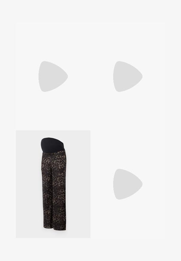 Long-sleeve top in a leopard print, featuring a round neckline and soft fabric. Primary colors are black and brown with light beige accents.; Maternity trousers featuring a high black waistband and a dark leopard print design. Made from soft, stretchy fabric with a wide leg fit.; White sneaker with a smooth synthetic upper, perforated toe box, flat laces, and a textured sole, displayed on a wooden surface.; Brown leather tote bag with double handles, features contrast stitching and a spacious design, suitable for everyday use.