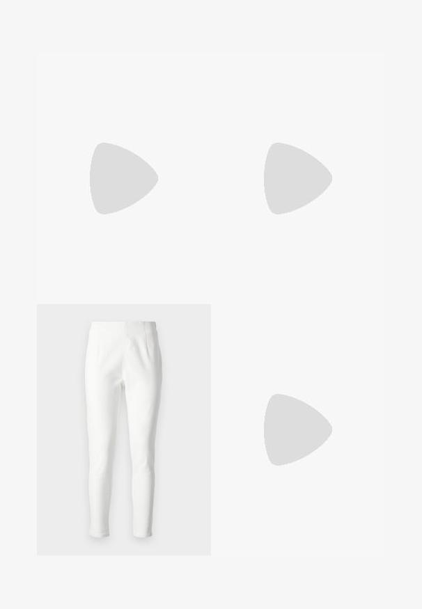 Débardeur noir à fines bretelles, texture côtelée et encolure dégagée. Le matériau semble doux et ajusté, avec des coutures minimales et sans motifs.; Pantalon blanc slim fit en tissu texturé, doté d'une taille haute et de coutures minimalistes pour une silhouette épurée. Idéal pour une tenue décontractée.; Escarpins slingback en cuir verni noir avec un embout pointu, un design à découpes arrondies et un talon carré. Présente un accent de boucle en ton doré.; Sac à main en cuir tan avec un design plissé, une sangle ajustable et une forme arrondie. Branding minimaliste sur la surface avant.