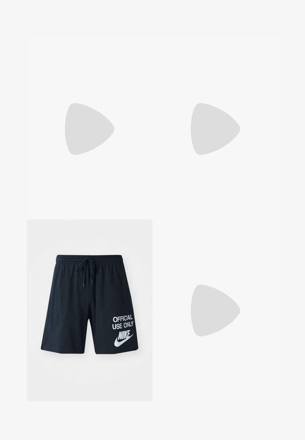 Black cotton t-shirt featuring a colorful graphic of a red jelly dessert topped with whipped cream and a cherry, accented by floral designs.; Black athletic shorts with an elastic waistband and drawstring, featuring white text "OFFICIAL USE ONLY" and a Nike logo on the side.; Black athletic shoes with blue and silver accents, featuring a textured upper, bold sole design, and lacing system. Positioned on a blue carpet.; Black wraparound sunglasses with dark green lenses. Matte finish, curved design, with straight arms and subtle branding on the side.