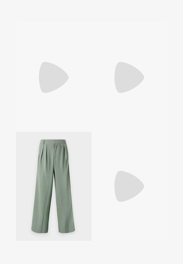 Polo a maniche lunghe blu navy con colletto bianco, caratterizzato da una striscia bianca orizzontale e logo ricamato sul petto. Tessuto in cotone.; Pantaloni larghi verdi con pieghe, realizzati in tessuto morbido. Presentano una chiusura con zip e due tasche laterali. Design semplice e sartoriale.; Scarpa in suede beige con punta tondeggiante, lacci decorativi annodati e suola in crepe di gomma beige. Dettaglio del logo discreto sul lato.; Occhiali da sole leggeri di colore crema con lenti rettangolari blu, dotati di una montatura elegante e di dettagli sottili sulle aste.