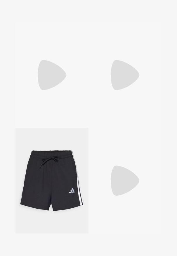 Zwarte top met korte mouwen, voorzien van een ronde halslijn en contrasterende witte stiksels langs de schouders en zijkanten. Zachte, gladde stof.; Zwarte sportieve shorts met een elastische tailleband en een trekkoord. Voorzien van witte zijstrepen en een reflecterend logo aan de linkervoorzijde.; Zwarte leren pump met een ronde neus, klein strikje aan de voorkant en een vierkante blokhak. Gladde textuur met minimale ontwerpaccenten.; Zwarte pailletten mini handtas met een geknoopte textuurriem en zilveren ketting. Rondvormig met een geplooide bovenkant en reflecterende details.