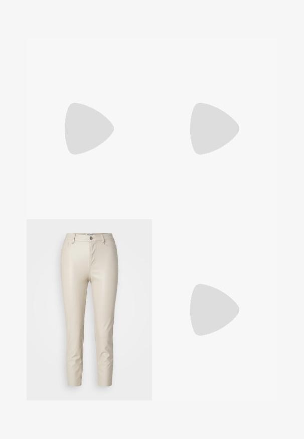 Two fitted t-shirts: one light blue, one black. Both have short sleeves, a round neckline, and a ribbed texture. Brand label visible.; Beige faux leather pants with a slim fit, front pockets, and a button closure, featuring smooth texture and tapered legs.; Black patent leather pointed-toe shoes with a block heel and ankle strap, paired with gray ribbed leg warmers and a brown suede skirt.; Black leather shoulder bag with a smooth texture, curved shape, adjustable strap, and a zip closure. Minimalist design without embellishments.