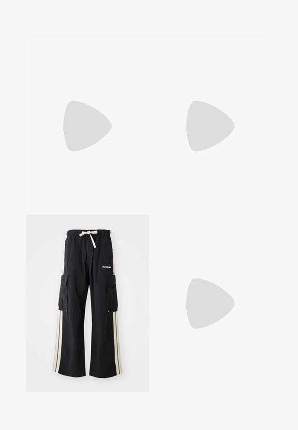 Juodas medvilnės marškinėliai su trumpomis rankovėmis ir apvalia iškirpte. Priekyje balta spalva spausdintas tekstas "TIGER OF SWEDEN".; Juodos krovinių kelnės su elastinga juosmens juosta ir raišteliu, turinčios kremines šonines juosteles, kelis kišenes ir logotipo detalę priekyje.; Juodos odinės sportinės bateliai su apvaliu pirštu, raištelių užsegimu, lygiu paviršiumi, storu guminio pado ir kontrastinga tan spalvos vidine puse.; Juodas odinis kryžminis krepšys su sklendės uždarymu, sidabro spalvos detalėmis ir dviem apvaliais akcentais. Yra nusiimamas diržas. Lygus paviršius.