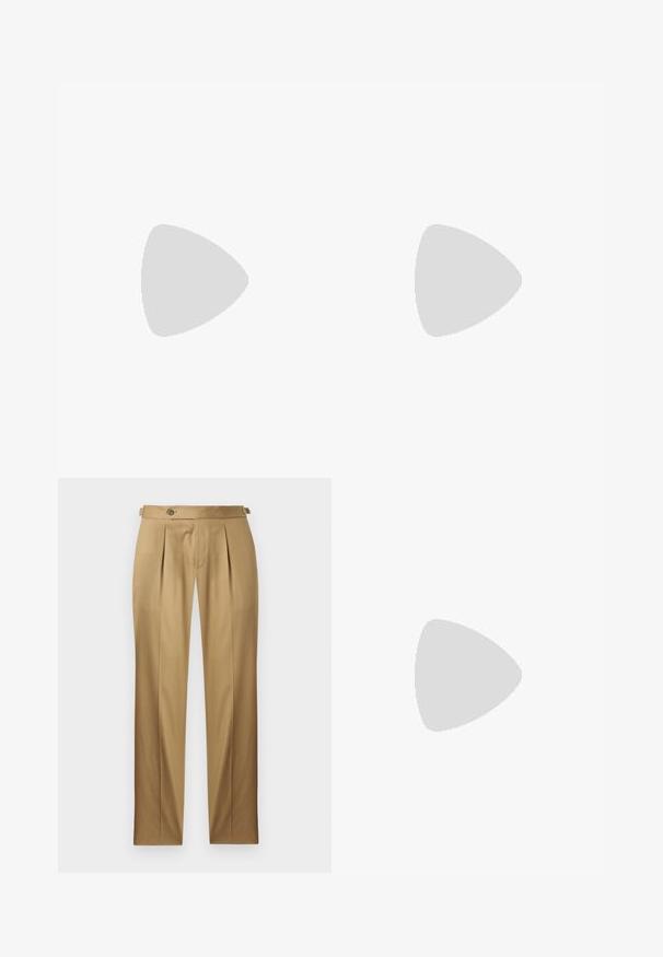 Hihaton oliivinvihreä toppi, joka on valmistettu pehmeästä kankaasta ja jossa on korkea kaulus sekä sininen HUGO-logo rinnassa. Sileä pinta, minimalistinen muotoilu.; Beiget suoralahkeiset housut, joissa on laskokset, napillinen suljenta ja vyölenkit. Sileä kangas ja siisti, räätälöity ilme.; Ruskeat mokka-kankaiset loaferit, joissa on sileä pinta ja ommeltu yksityiskohta; varustettu kumipohjalla pitävän otteen takaamiseksi.; Musta nahkainen olkalaukku, jossa on rakennepinta, edessä vetoketjulla varustettu tasku, säädettävä hihna ja metalliset yksityiskohdat.