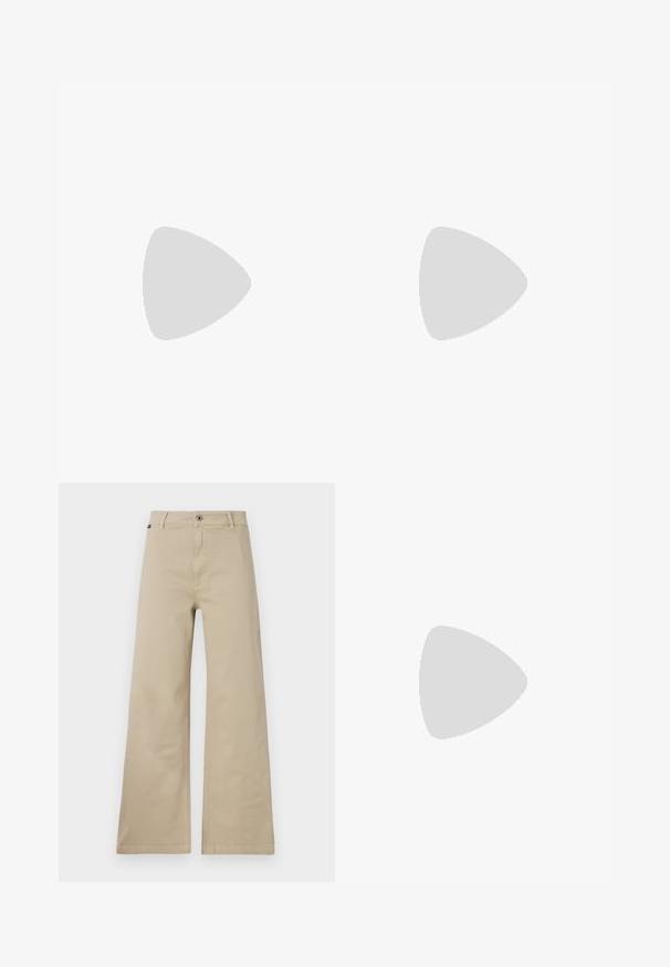 Suéter marrón con un cuello de camisa, puños acanalados y dobladillo. Presenta un cierre frontal con botones y una textura suave.; Pantalones de pierna ancha beige fabricados en algodón. Cuenta con un cierre de botón, pasadores para cinturón y bolsillos laterales. Textura suave y resistente con un diseño clásico.; Las zapatillas deportivas en negro y gris cuentan con una parte superior de malla, suelas gruesas y cordones. Tienen una punta redondeada y un detalle de amortiguación visible.; Bolso de denim azul con forma redondeada y acolchada, y una asa curva. La textura es suave, con costuras visibles y un acabado liso.