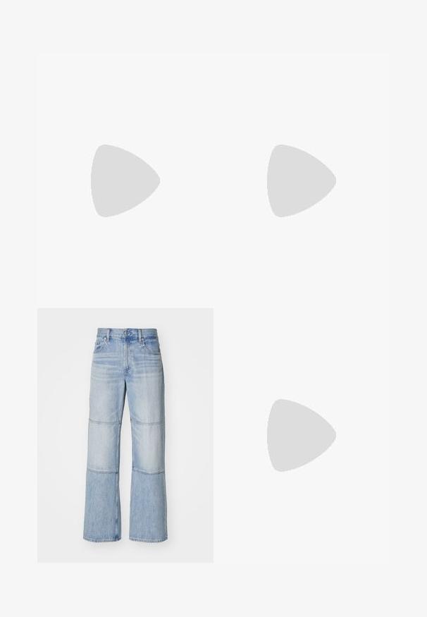 Cream cotton T-shirt with a crew neckline, short sleeves, and a chest pocket featuring a printed urban photo. Soft texture, relaxed fit.; Light blue denim trousers with a wide-leg design, featuring contrasting panels and visible stitching. High-waisted with a button closure.; White sneaker with suede accents, rounded toe, flat laces, and a cream rubber sole. Features green branding on the heel.; Black padded bag with a wide, soft shoulder strap and top handle. Features a zip closure and a subtle logo on the front.